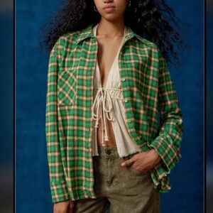 BDG Urban Outfitters Brixton Flannel Large Green Plaid Frayed Hem Shirt New